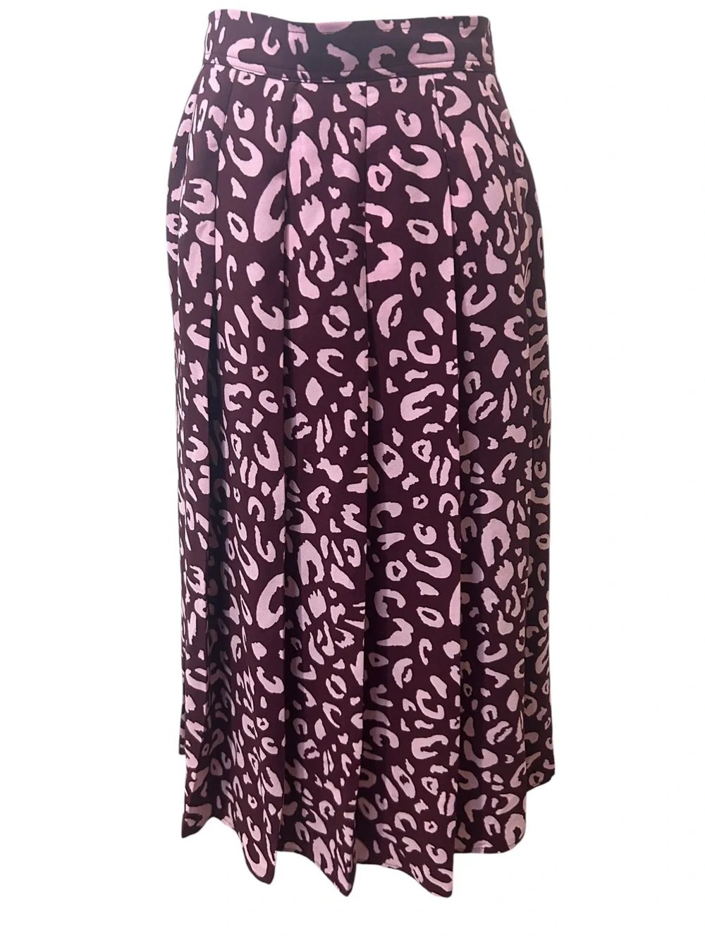 ModCloth Leopard Print Button Front Midi Skirt Size 4 Pink Burgundy A-Line Retro